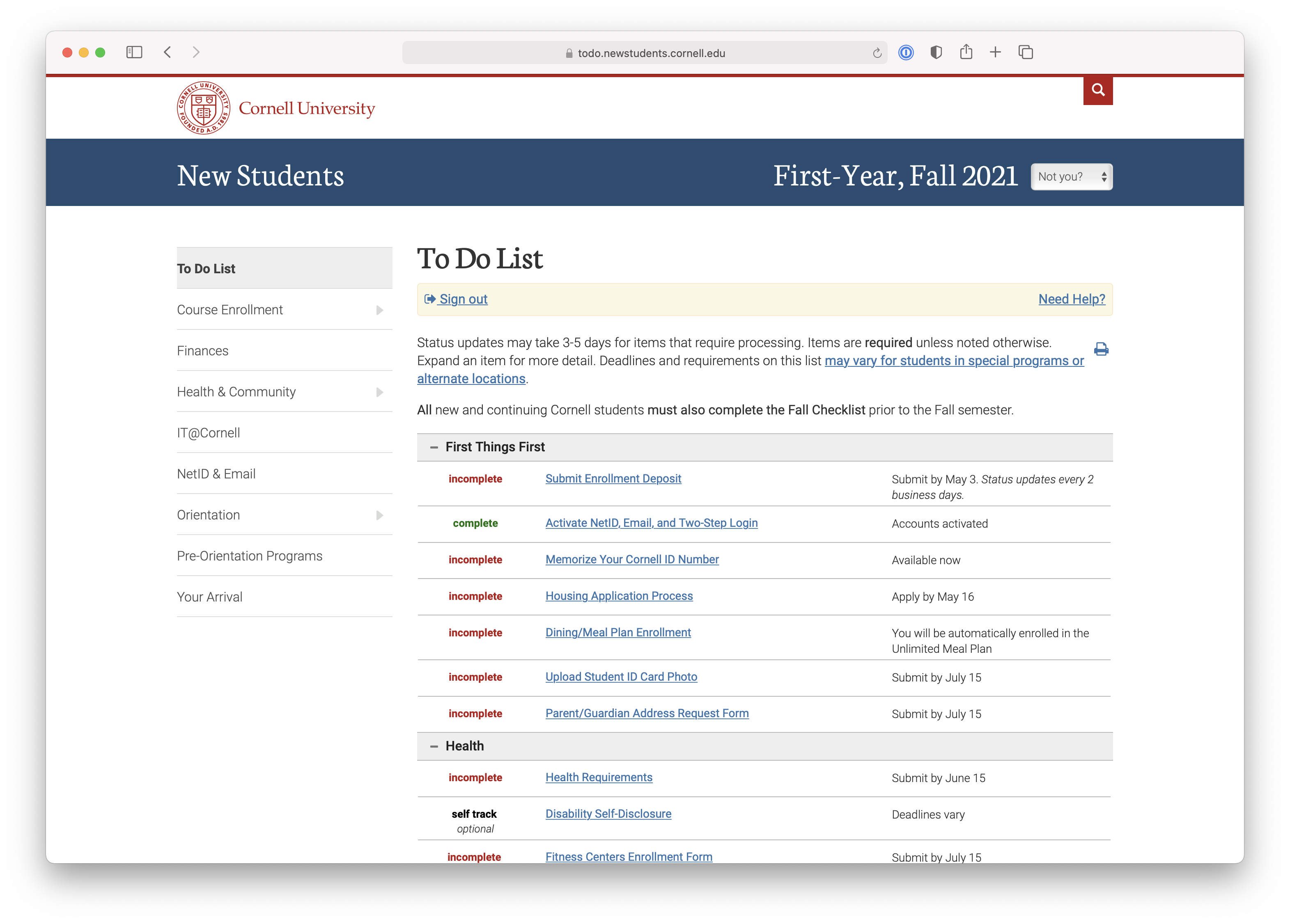 Cornell To Do List website for a user who has signed in with their Cornell NetID. A list with tasks has To Do List items that are complete and incomplete.